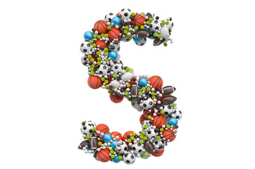 Letter S from sport gaming balls, 3D rendering