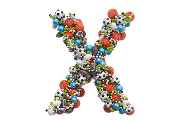 Letter X from sport gaming balls, 3D rendering