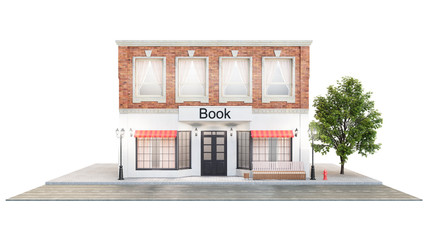 Bookstore or library. Exterior of a building near the road on a white background. The view from the street is a bench with a garbage bin, street lights hydrant and a beautiful tree, 3d illustration