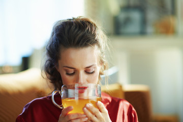 housewife at modern home in sunny day drinking cup of green tea - obrazy, fototapety, plakaty