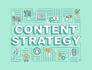 Content strategy word concepts banner. Trendy SMM techniques in digital marketing. Infographics with linear icons on green background. Isolated typography. Vector outline RGB color illustration