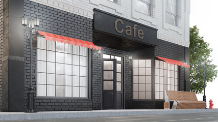 Naklejka premium Cafe or coffee shop. Exterior of a building near the road. The view from the street is a bench with a garbage bin, street lights, hydrant and a beautiful tree, 3d illustration