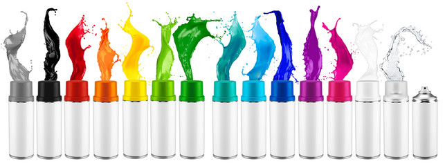 set collection row of many various spray can spraying colorful rainbow paint liquid color splash...