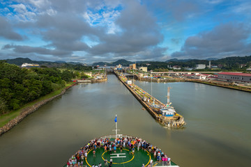 View of the Miraflores Locks, East Lane. Giant locks allow huge ships to pass through the Panama...