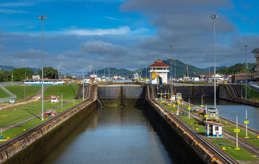 View of the Miraflores Locks, East Lane. Giant locks allow huge ships to pass through the Panama...
