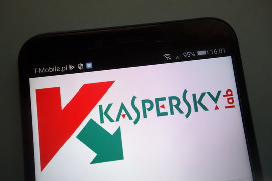 KONSKIE, POLAND - SEPTEMBER 15, 2018: Kaspersky logo on smartphone