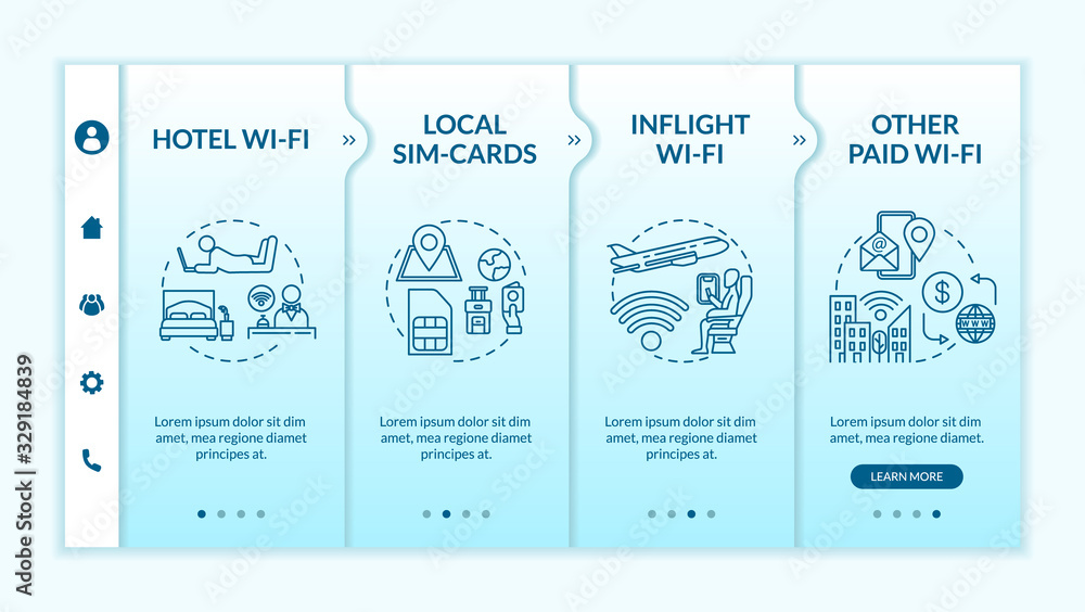 Poster free and paid wi-fi onboarding vector template. local sim card, hotel and inflight wi-fi service. re