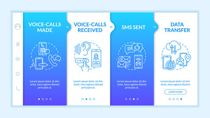 Voice-calls and data transfer onboarding vector template. Online communication, messages and calls. Responsive mobile website with icons. Webpage walkthrough step screens. RGB color concept