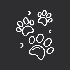 Pet paw prints chalk white icon on black background. Animal footprints. Dog walk trail. Track of cat steps. Bear pawprint. Puppy foot. Veterinary service. Isolated vector chalkboard illustration