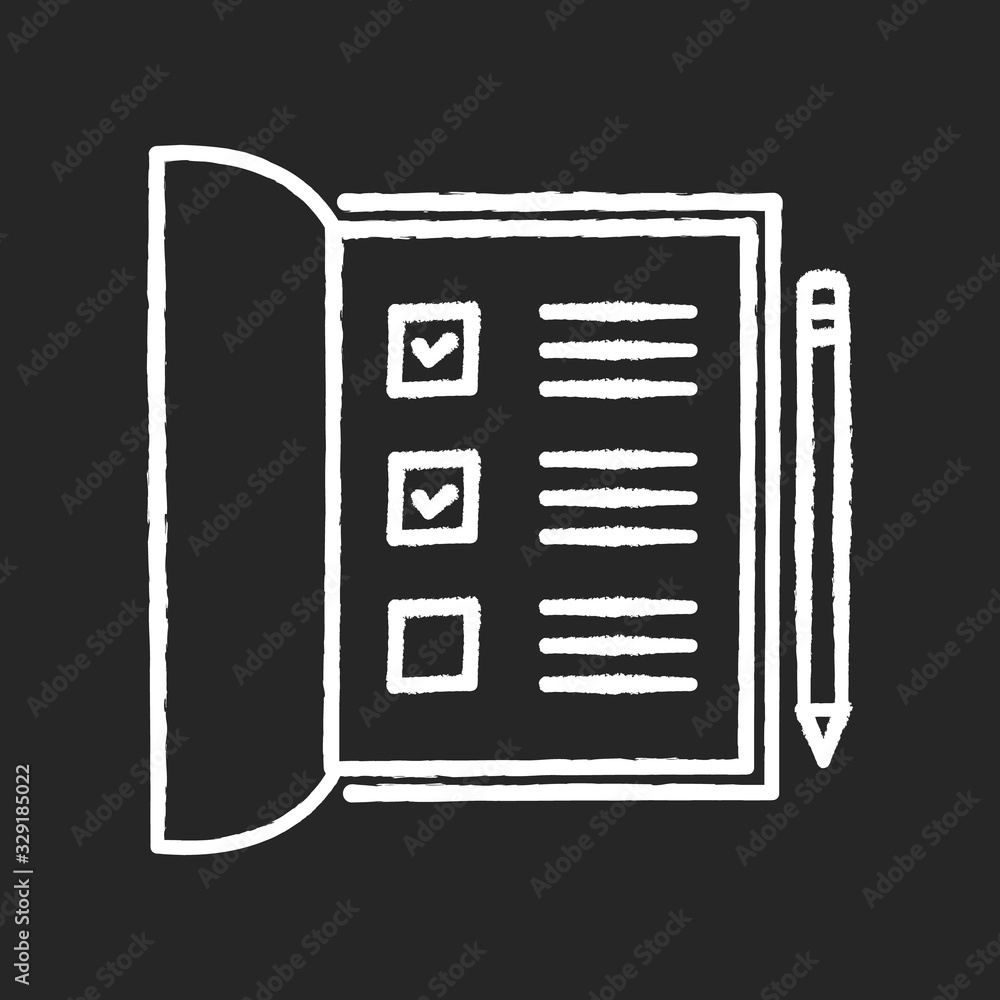 Poster open notebook chalk white icon on black background. list with ticked checkboxes. completed test form