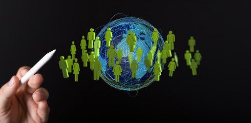 Digital hologram of the Earth with satellites on orbit. Digital globe with statistics data..