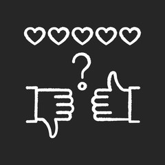 Review rate chalk white icon on black background. Thumbs up and down. Hand sign of like and dislike. Satisfaction level. Feedback for social media stories. Isolated vector chalkboard illustration