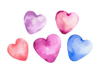 Watercolor five pink, purple, blue hearts set isolated on white. Aquarelle love romantic illustration. Valentines day hand painted art collection. Clipart for banner, greetings, card, wedding design