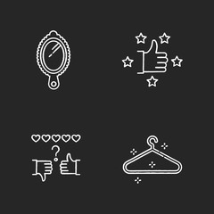 Fashion and beauty chalk white icons set on black background. Hand mirror. Recommendation with five stars. Review rate. Empty hanger. Satisfaction level. Isolated vector chalkboard illustrationss