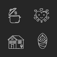 Lifestyle chalk white icons set on black background. Cooking pot. Food recipe. Saucepan with steam. Infant baby son. Affectionate love. Family care. Isolated vector chalkboard illustrationss