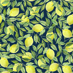 lemons with branches seamless pattern on a dark blue background. Watercolor illustration. Design for fabric, scrapbooking, packaging paper, wallpaper, wrap
