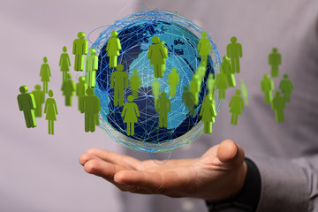 Digital hologram of the Earth with satellites on orbit. Digital globe with statistics data..