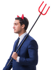 Evil devil businessman with pitchfork isolated on white backgrou