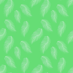 Seamless pattern with hand-drawn softness white feathers on green , Great for wedding decor, wrapping paper, background, fabric print, web page backdrop, wallpaper