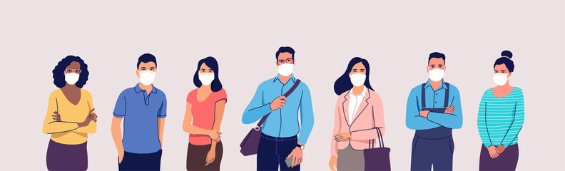 People in protective medical face masks. Man and women wearing protection from virus, urban air pollution, smog, vapor, pollutant gas emission. Vector illustration. - obrazy, fototapety, plakaty
