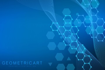 Geometric abstract background with connected line and dots. Structure molecule and communication. Big Data Visualization. Medical, technology, science background. Vector illustration.