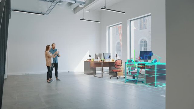In Empty New Office: Female Interior Designer and Male Office Architect Talk, Use Augmented Reality Software on Digital Tablet Computer to Choose, Move and Manipulate 3D Furniture. VFX Render
