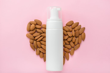 Nourishing gel rich in vitamin b concept. Top above overhead view photo of bottle with foam and...