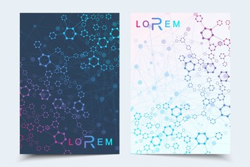 templates for brochure magazine leaflet flyer cover booklet annual report. Modern futuristic hexagonal pattern with particle, molecule structure for medical, technology, chemistry, science.