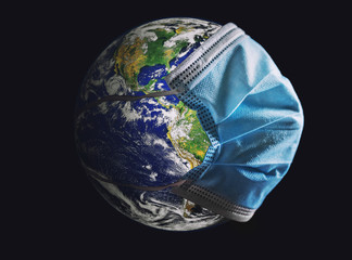 View of planet Earth with a medical mask on. Concep for world wide spread of Coronavirus desease
