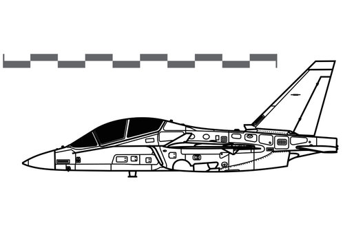 Alenia Aermacchi M-346 Master. Vector drawing of training jet aircraft. Side view. Image for illustration.