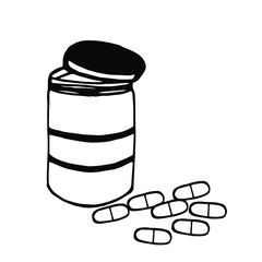 Vector illustration.Close-up medical container with pills on a white background.