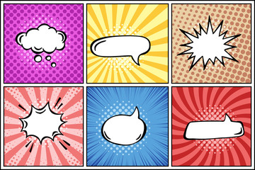 Vector comic book page template with different backgrounds and speech bubbles. Pop art style