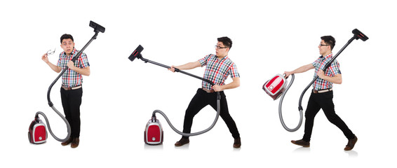 Funny man with vacuum cleaner on white