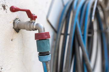 garden hose connected to a tap on a white wall