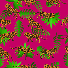  leopard and  tropical leafes seamless pattern. vector background