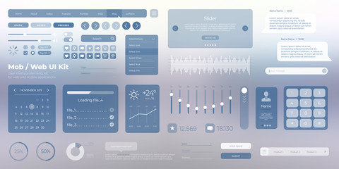 Vector responsive UI UX kit template for mobile applications and web sites. Universal user interface design, tools and buttons. Flat menu icons and control elements on gray background.