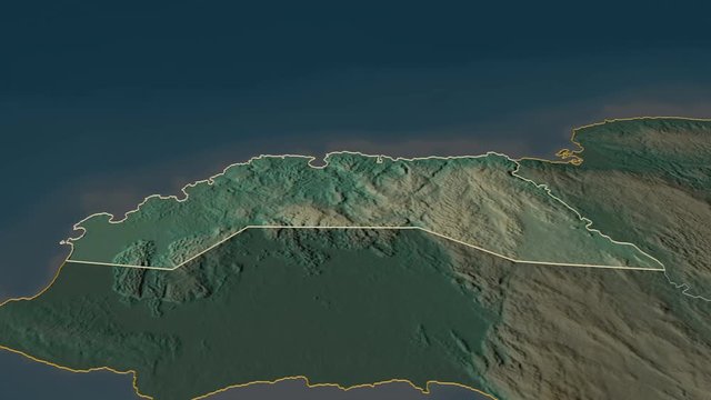 Hanover, parish with its capital, zoomed and extruded on the relief map of Jamaica in the conformal Stereographic projection. Animation 3D