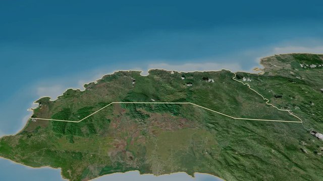 Hanover, parish with its capital, zoomed and extruded on the satellite map of Jamaica in the conformal Stereographic projection. Animation 3D