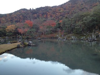 Obraz premium Lake with reflection and red maple trees on the background