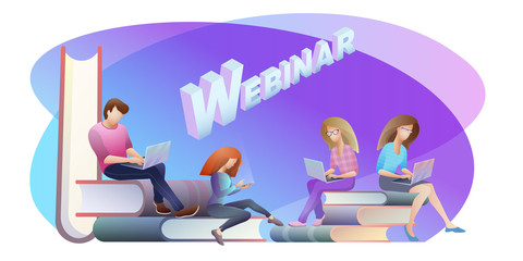 Webinar and online training concept. People with digital gadgets. Vector.