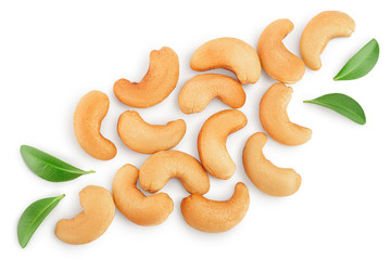 Roasted Cashew nuts isolated on white background with clipping path and full depth of field. Top view. Flat lay