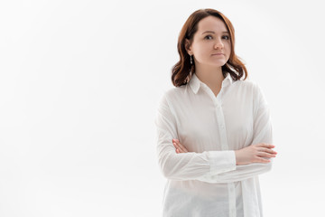 Cheerful young new attractive female employee ready help energized look upbeat confident camera cross arms chest self-assured smiling toothy aim bright successful future, standing white background