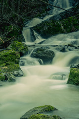 Wodospad kaskadowy w środku skandynawskiego lasu w pobliżu miejscowości Hestvika w Norwegii - obrazy, fototapety, plakaty
