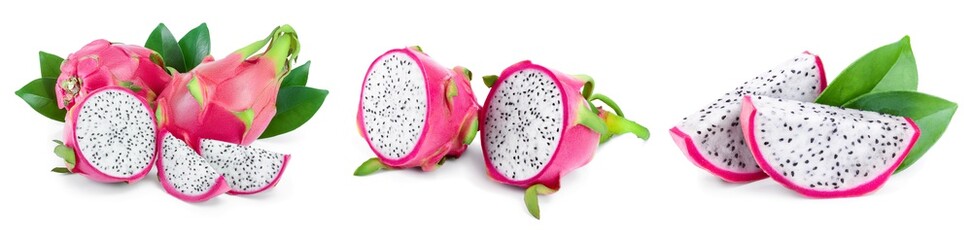 Ripe Dragon fruit, Pitaya or Pitahaya isolated on white background, fruit healthy concept. Set or...