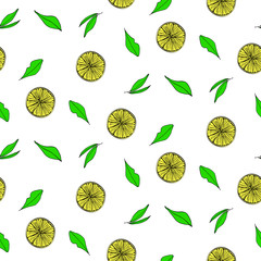 Seamless hand drawn vector illustration of sliced circles of yellow lemon and green leaves. For the design and decoration of coffee houses, cafes, menus, packages of tea, booklets, cards, textile