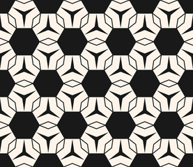 Vector geometric texture. Modern seamless pattern with simple shapes, hexagons, rhombuses, triangles, thin lines. Abstract monochrome ornament. Repeat geometrical background. Decorative design element