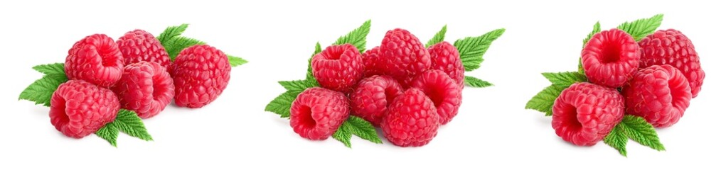 Ripe raspberries with leaf isolated on a white background, Set or collection