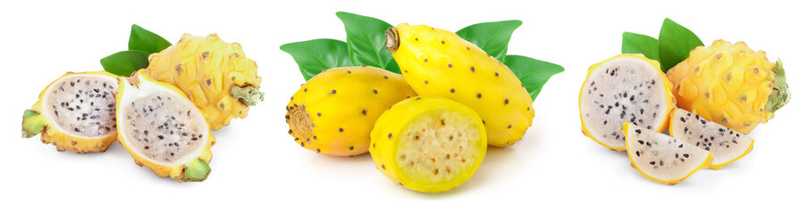 Ripe Dragon fruit, Pitaya or Pitahaya yellow isolated on white background, fruit healthy concept. Set or collection