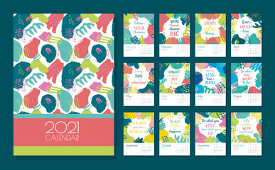 vector calendar for 2021. Editable and printable template with bright abstract elements: paint strokes, stripes, spots, dots and lettering of quotes.Planner. Set of 12 vertical sheets and a cover. 