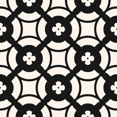 Vector floral geometric seamless pattern in oriental style. Monochrome ornament, abstract background texture with big flower shapes, circles, lattice, grid. Repeat design for print, decor, ceramic